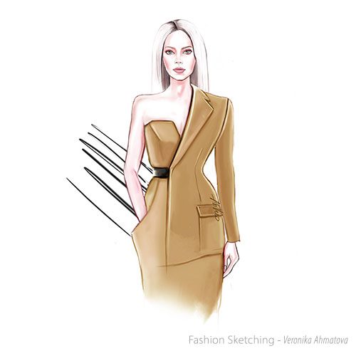A fashion illustration of a woman in a suit.