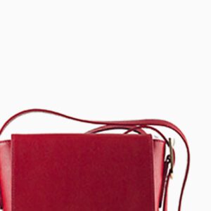 A red purse is shown with the strap down.