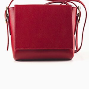 A red purse is shown with the strap down.