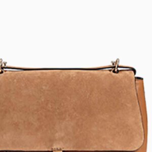 A brown purse with a chain strap and a metal clasp.