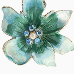 A blue flower with green leaves and pearls.