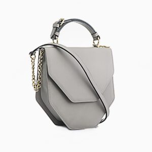 A gray purse with a chain strap and a gold handle.