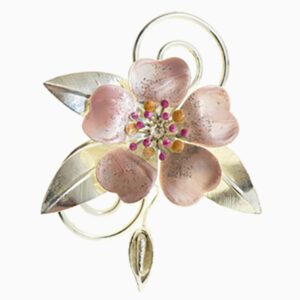 A pink flower with leaves and a gold stem.