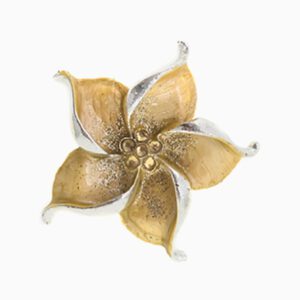 A gold and silver flower with white background